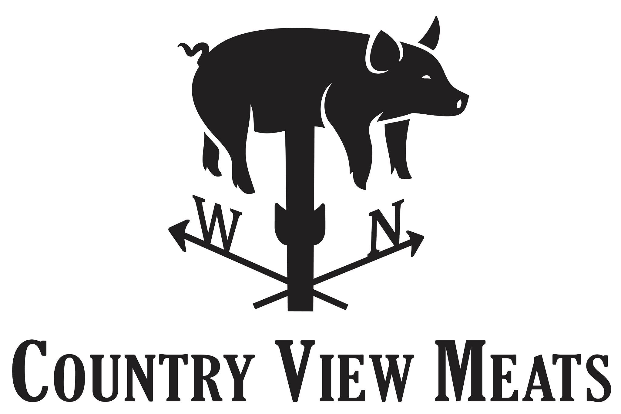 Logo of Country View Meats featuring a silhouette of a pig above a weather vane with directional arrows, emphasizing quality meat products and farm-fresh offerings.
