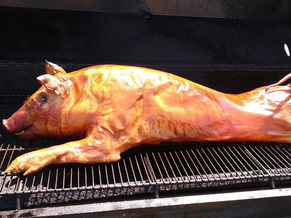 Whole roasted pig on a grill, showcasing a golden-brown, crispy skin, ready for a barbecue or festive gathering.